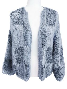 Maiami Mohair Knit Bomber Checkered Cardigan Size S/M Metallic Tinsel Blue Gray